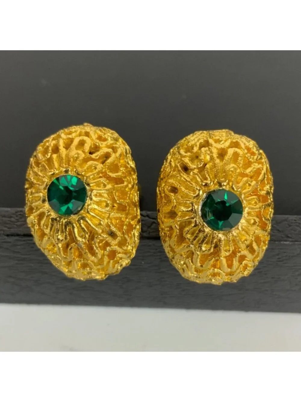 Vintage Gold-Tone Cufflinks With Green Rhinestones Textured Oval Design